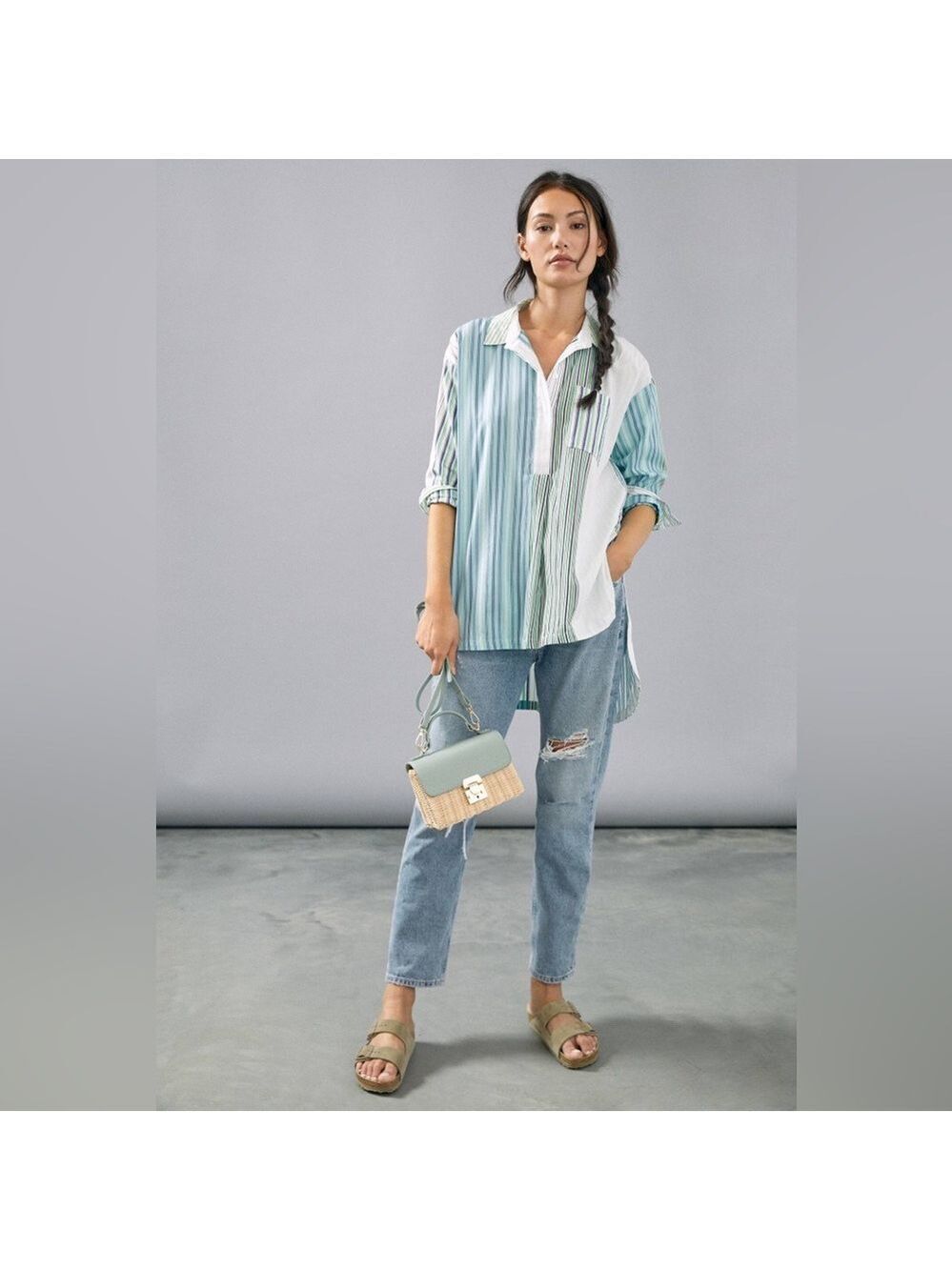 Anthropologie Maeve Green and Blue Striped Tunic Top Medium